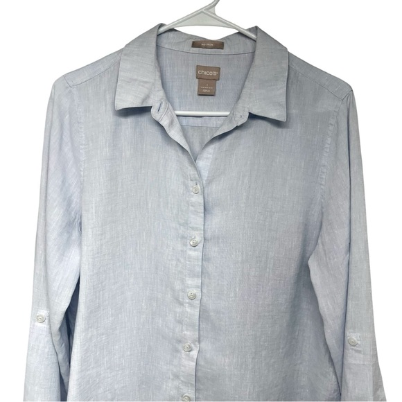 Chico’s No Iron Linen Blue Long Tab Sleeve Button Front Shirt Women’s Medium - Picture 5 of 11